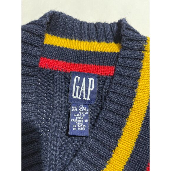 GAP VTG cable knit fisherman sweater V neck trim Rame cotton navy blue women L - Picture 3 of 4